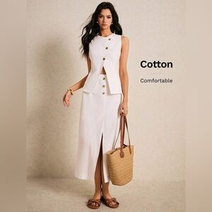 Elegant White Two-Piece Suit – Button Detail, Front Slit, Chic Summer Outfit